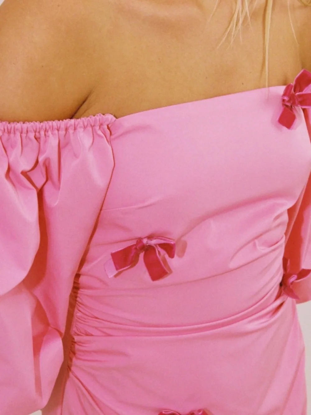 The Wolf Gang Amar Dress | Off-Shoulder Pink Puff-Sleeve Midi Dress with Bows - Picture 5 of 9